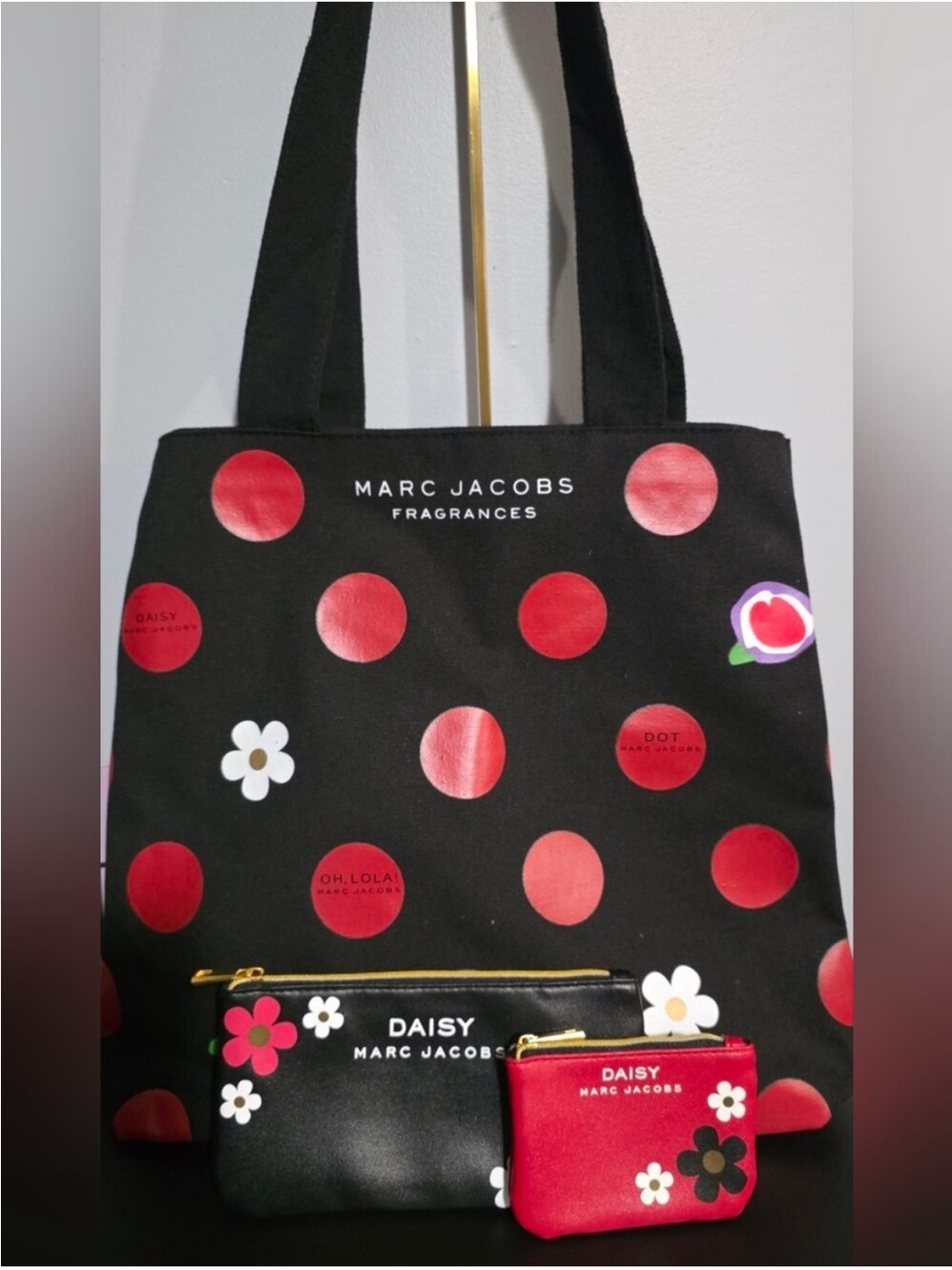 Marc Jacobs Daisy Polka Dot Canvas Tote Bag with Pouches Set